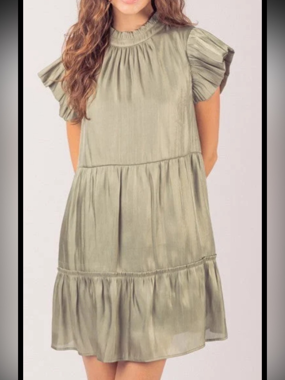 Tiered Ruffle Sleeve hi-neck Mini Dress - washed Olive